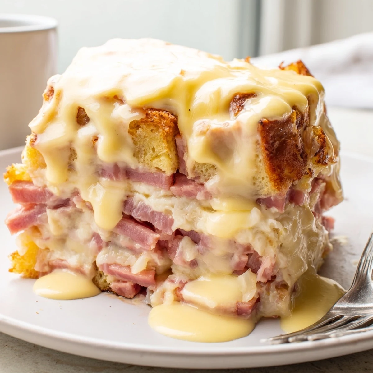 Warm Eggs Benedict Casserole topped with buttery hollandaise on a white serving plate