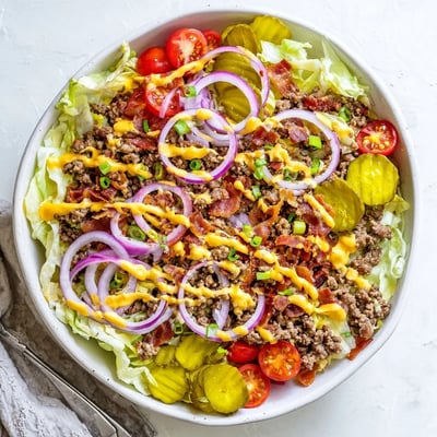 A vibrant Smash Burger Bowl topped with melted cheddar, bacon, and drizzled with smash sauce.