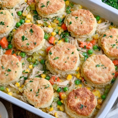 Homestyle Red Lobster Biscuit Chicken Pot Pie served warm with a fresh green salad for a cozy dinner.