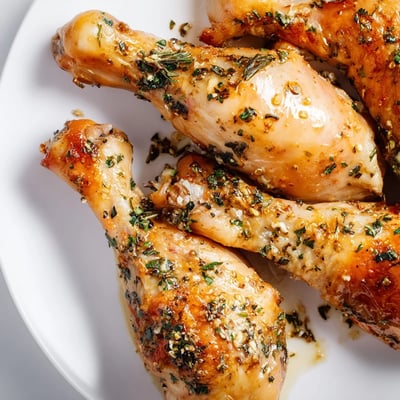 Crispy-skinned Herb Roasted Chicken Drumsticks are arranged beside roasted potatoes and a simple salad for a complete weeknight dinner.