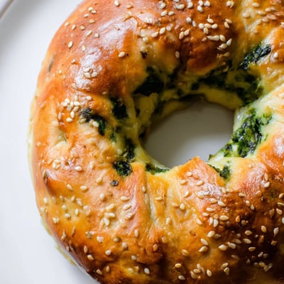A stack of warm spinach cottage cheese flagels offers a hearty breakfast, topped with melting butter and a side of cream cheese.