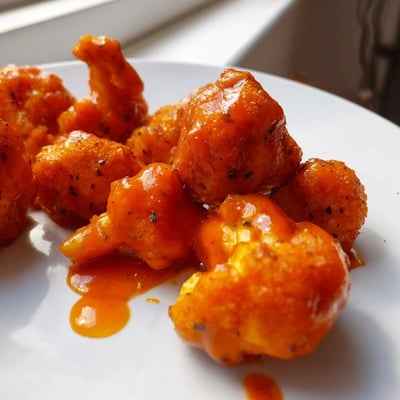 Crispy battered Air Fryer Buffalo Cauliflower bites drizzled in buttery hot sauce, ready to dip in cool blue cheese dressing.