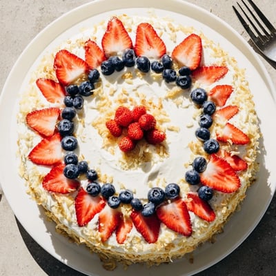 This tropical pineapple coconut cake shows red strawberries and blueberries arranged like a flag.