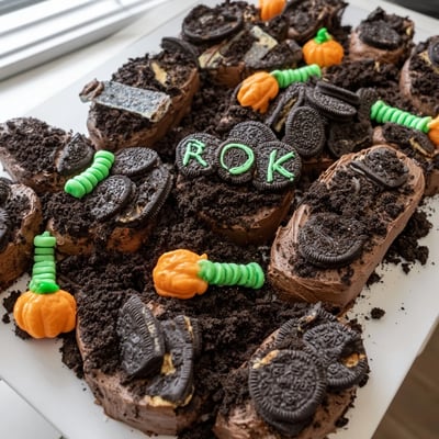 Frosted Pull Apart Graveyard Cupcakes topped with cookie tombstones and gummy worms for Halloween