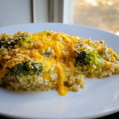 Tender broccoli and melted cheddar over fluffy quinoa in a creamy casserole