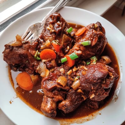 Tender bone-in Jamaican brown stew chicken served over fluffy white rice