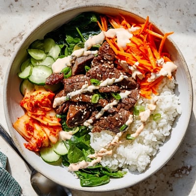 Korean BBQ steak rice bowls drizzled with creamy spicy sauce and crisp veggies