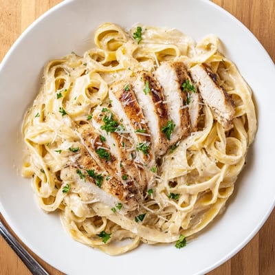 Steaming Creamy Garlic Chicken Pasta twirled fettuccine, grated Parmesan, cozy weeknight meal