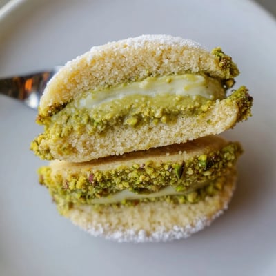 Buttery Pistachio Cream Cookies, creamy white chocolate pistachio center cooling on a rack